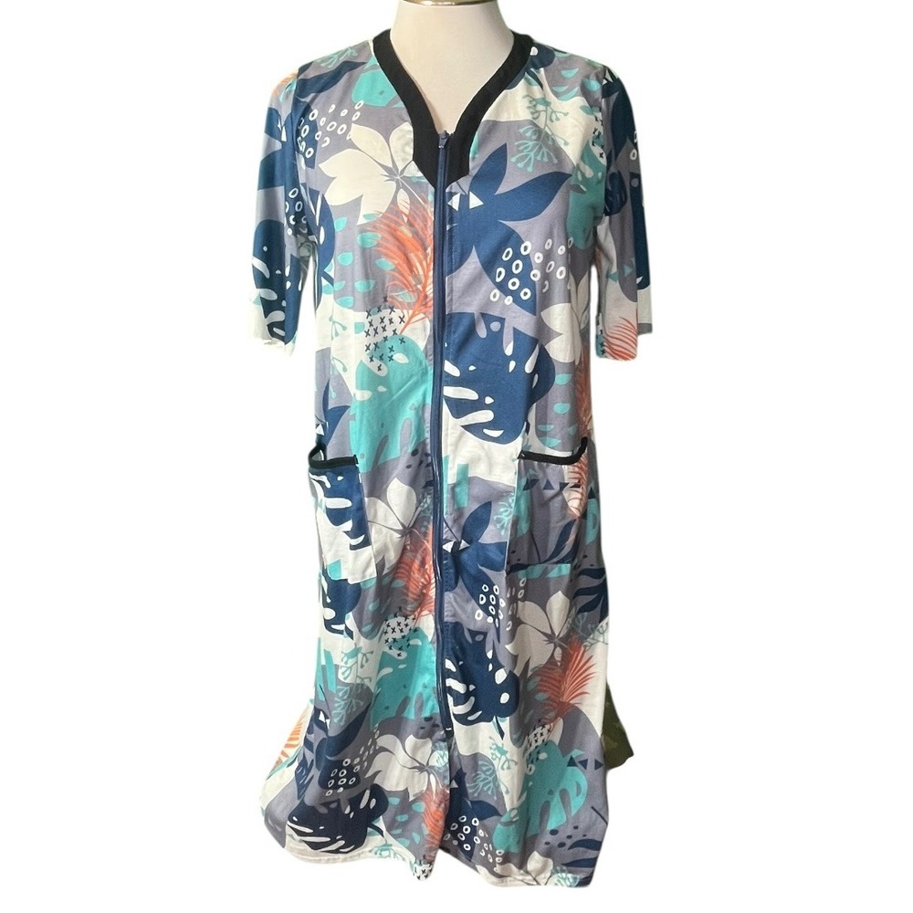 Amitofo Womens XL Tropical Monstera Zip Front House Dress‎ Blue Teal Orange